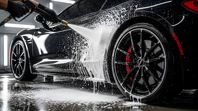 Black sports car being washed, water spraying over the wheels and glossy body.