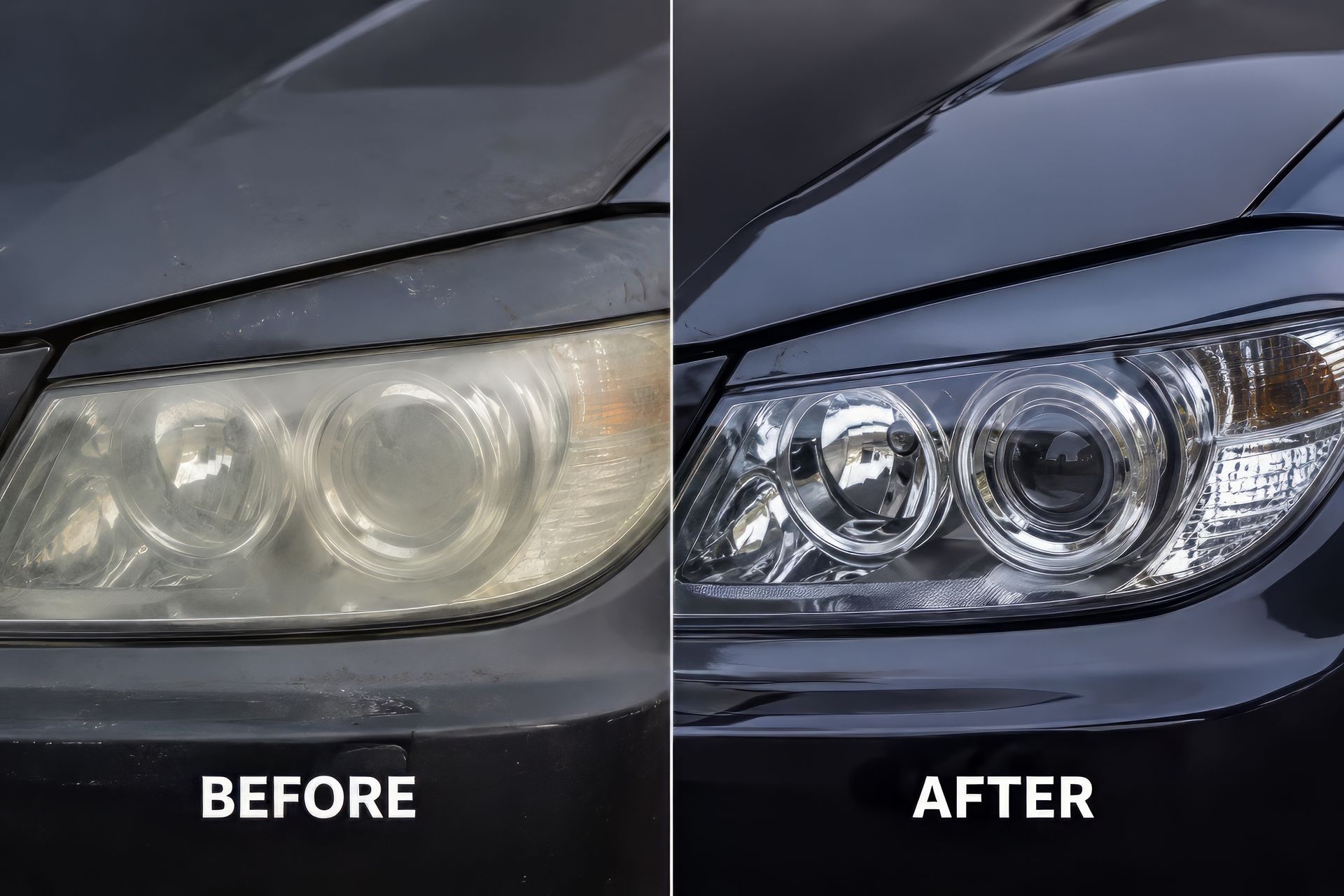 Black sedan with heavy front-end damage on a tow truck in the rain on a roadside