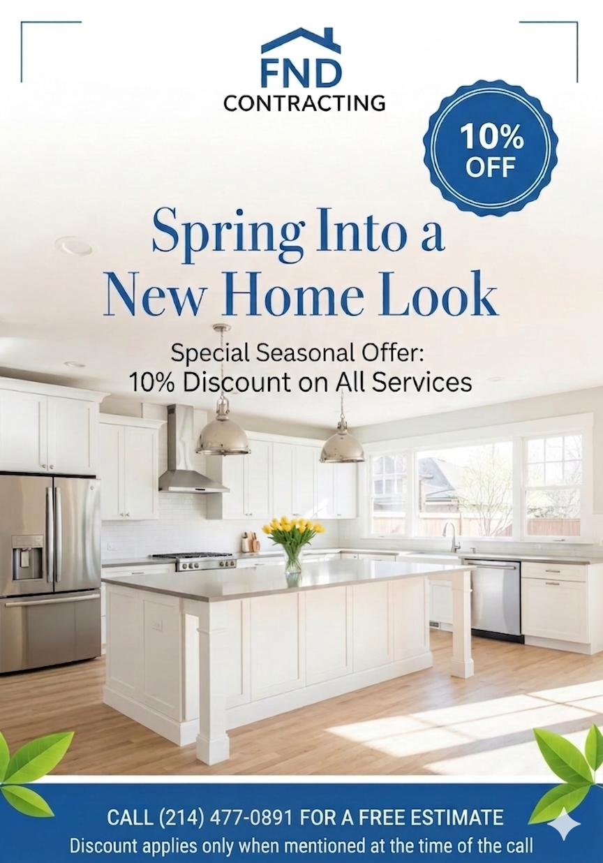 FND Contracting spring home makeover ad with modern kitchen and 10% off all services