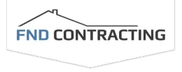 Logo for FND Contracting featuring a roof outline and company name. The FND is blue.