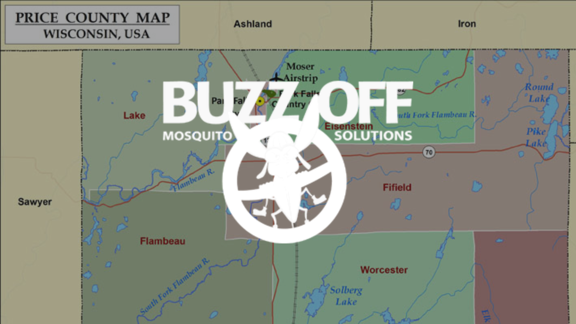 A map of price county in wisconsin usa with the buzz off mosquito solutions logo