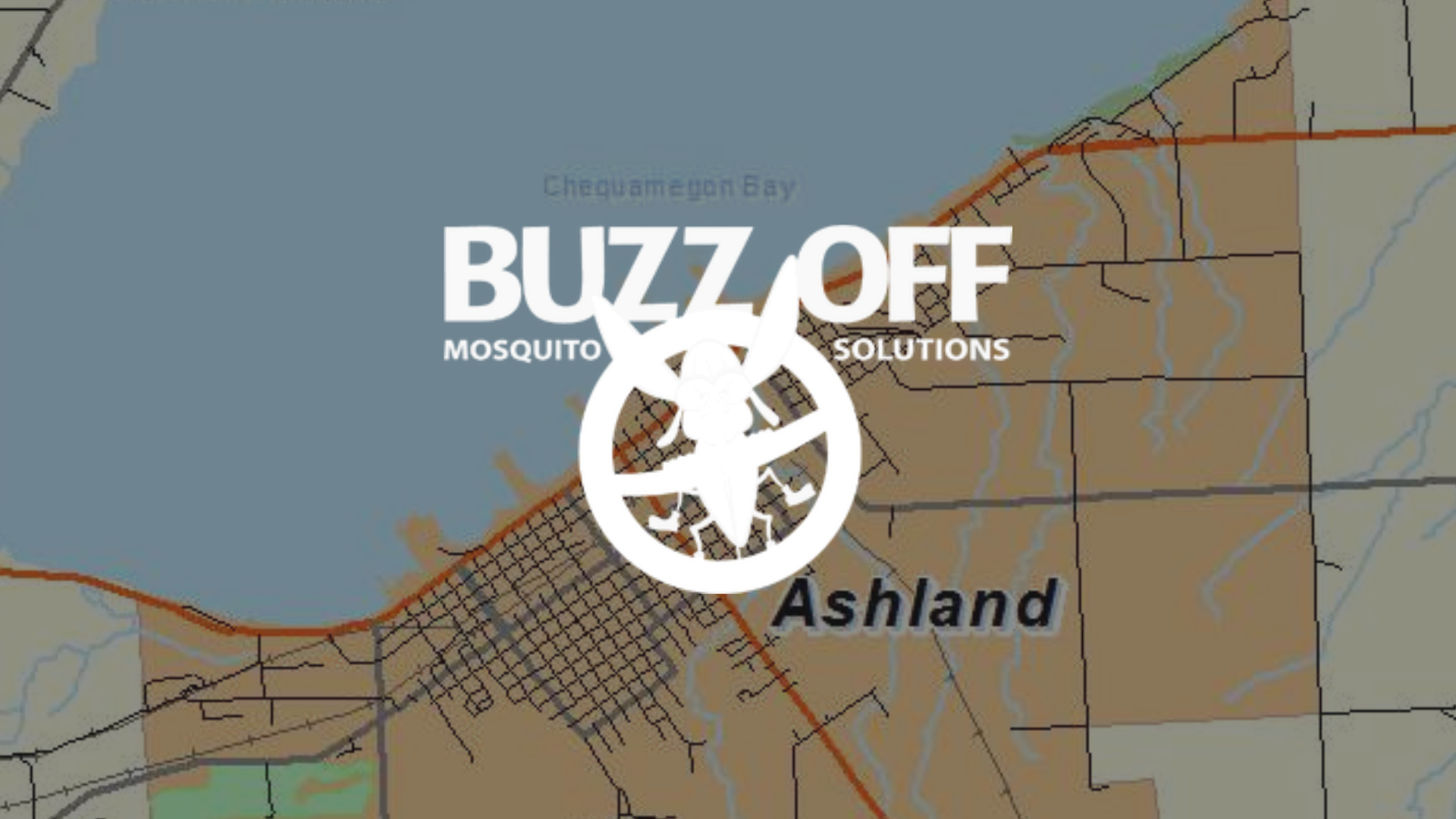 A map of ashland wi with buzz off mosquito solutions written on it