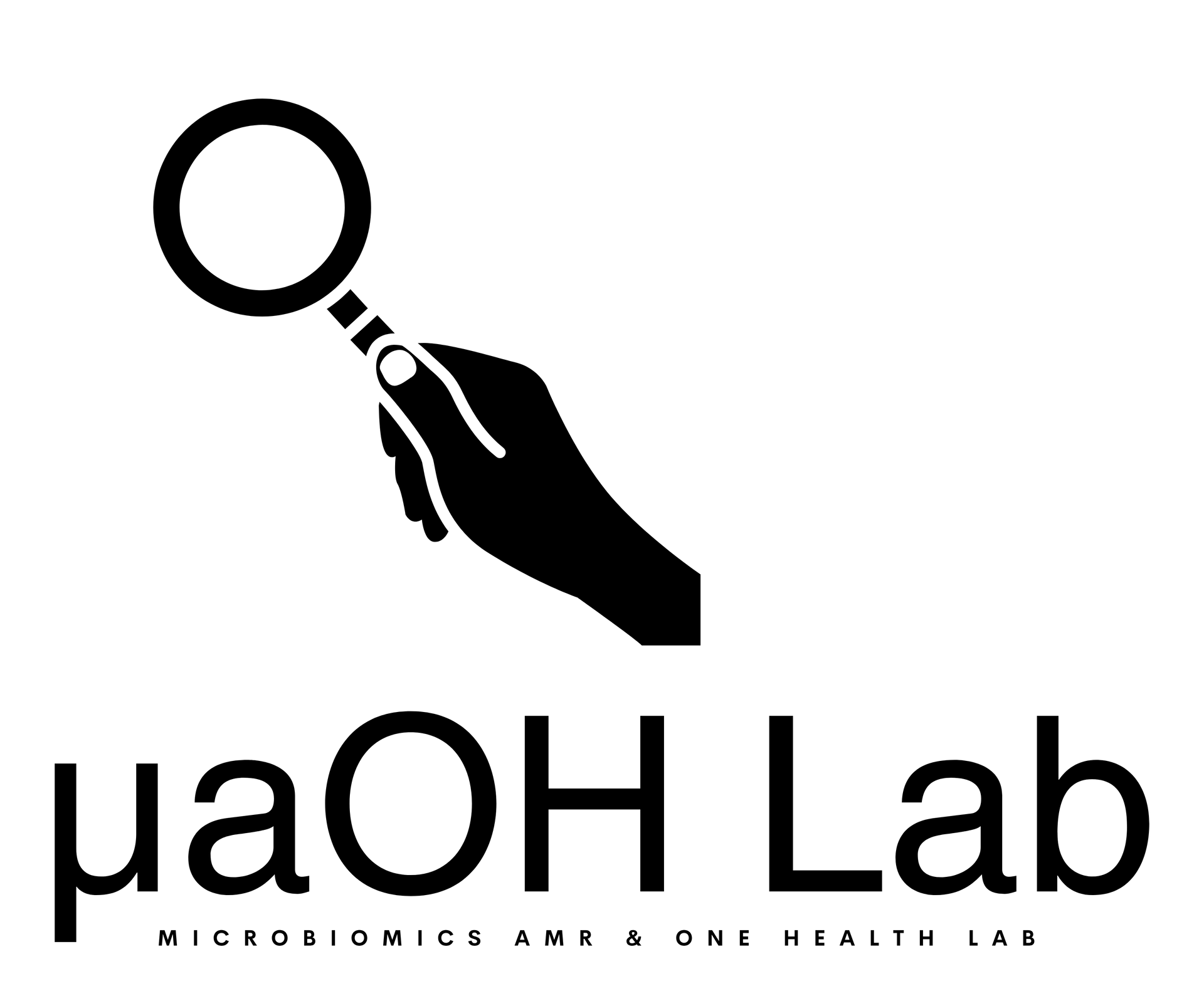 Hand holding magnifying glass over the text “µaOH Lab”, below it reads “Microbiomics and One Health Lab”.