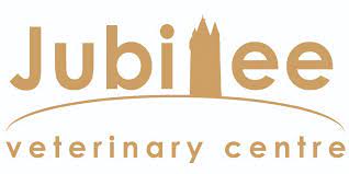 Jubilee Veterinary Centre logo in gold lettering with a stylized building graphic above the