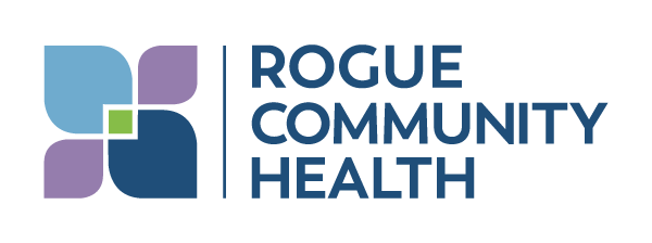 Rogue Community Health logo with blue and purple abstract cross icon and text