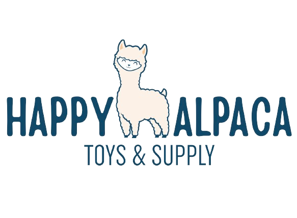 A logo for happy alpaca toys and supply with a llama on it.