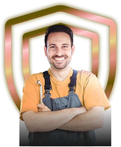 Smiling mechanic in orange shirt and dark overalls with arms crossed, standing before a gold shield icon | The Recon Garage