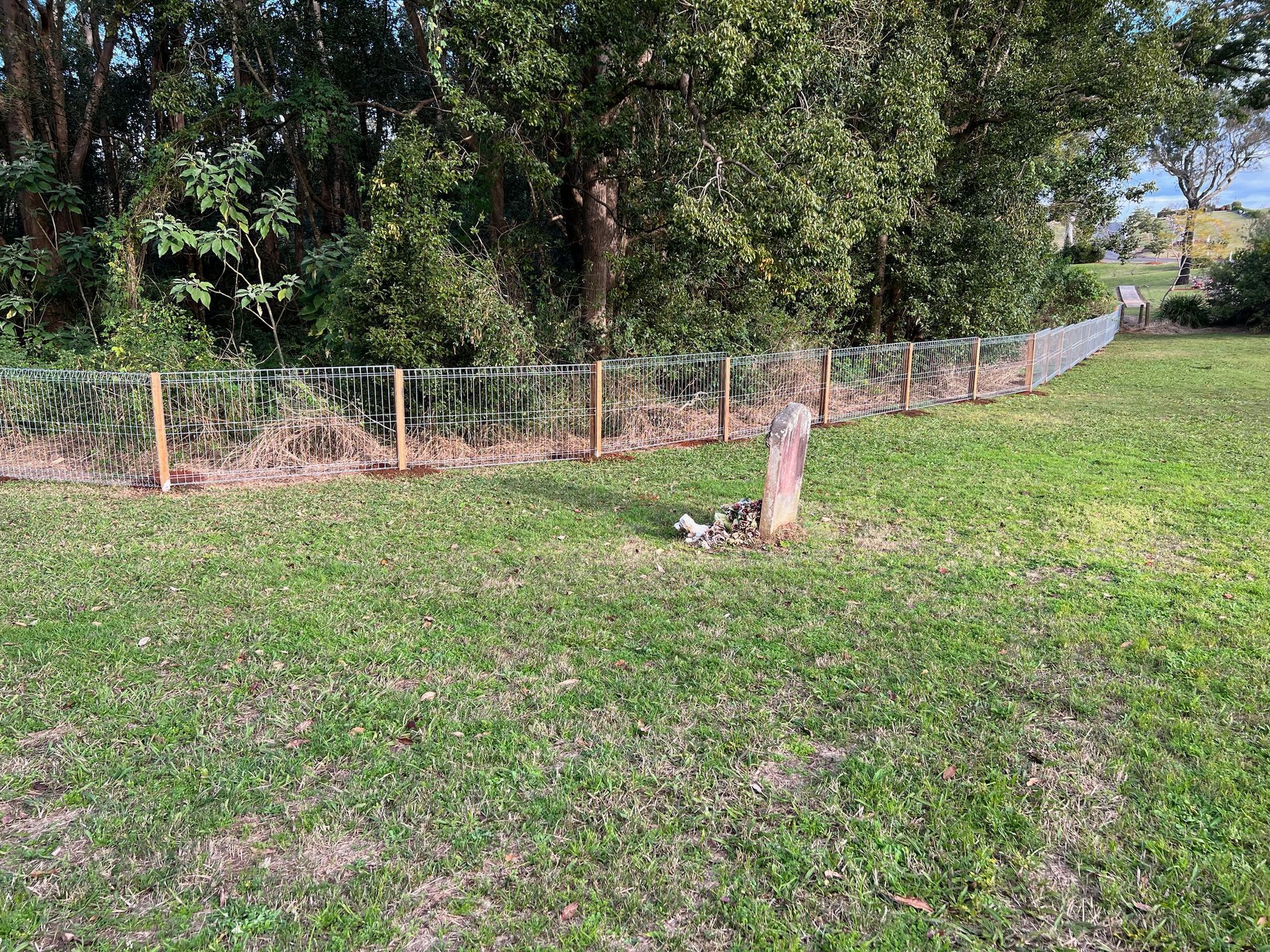 A Wire Fence With Wooden Posts Borders a Grassy Yard, Trees in Background — Fencer Steve In Laurieton, NSW
