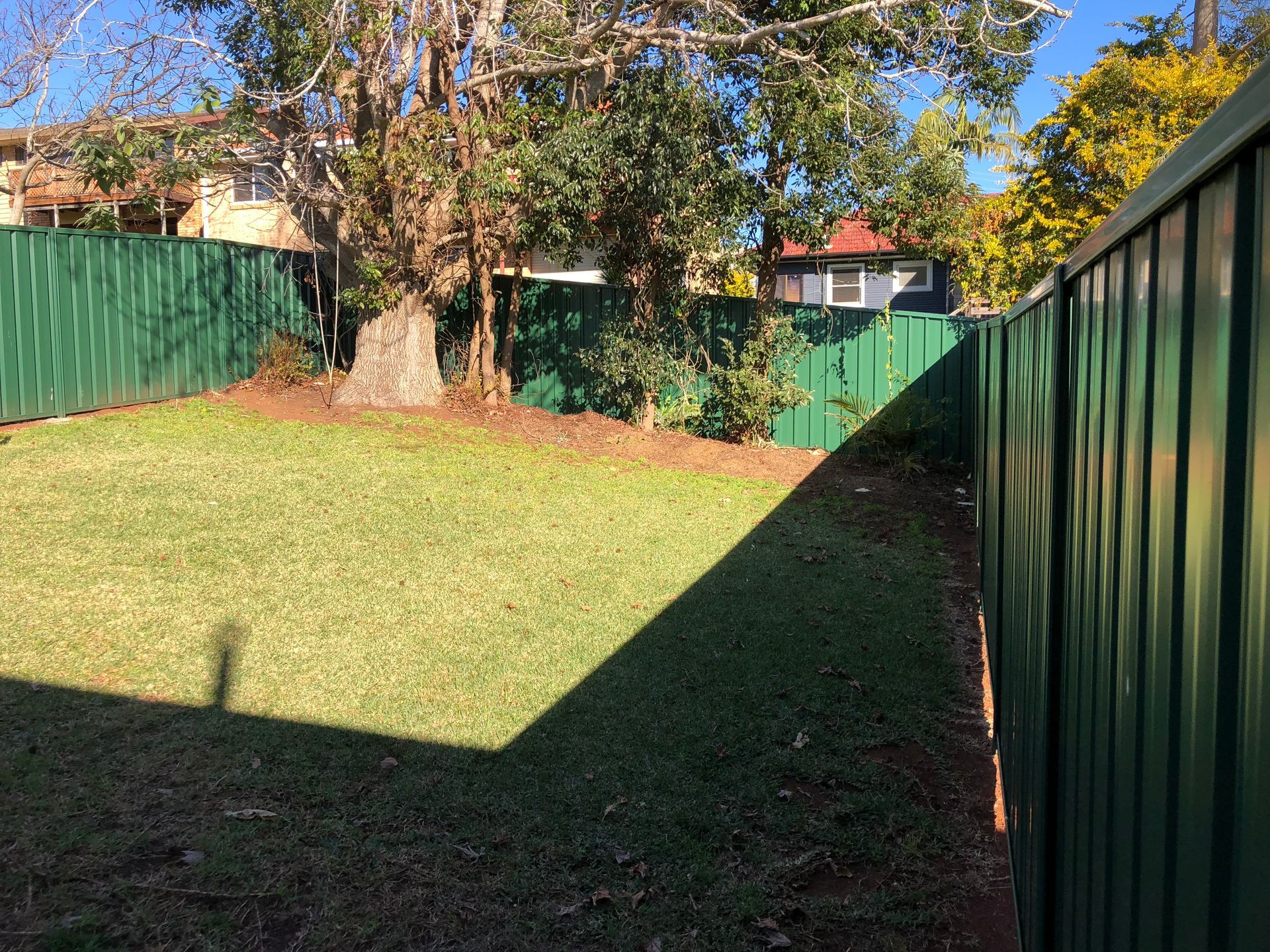 Green Fenced Backyard With Grass, Trees, and Houses in the Background — Fencer Steve In Crescent Head, NSW