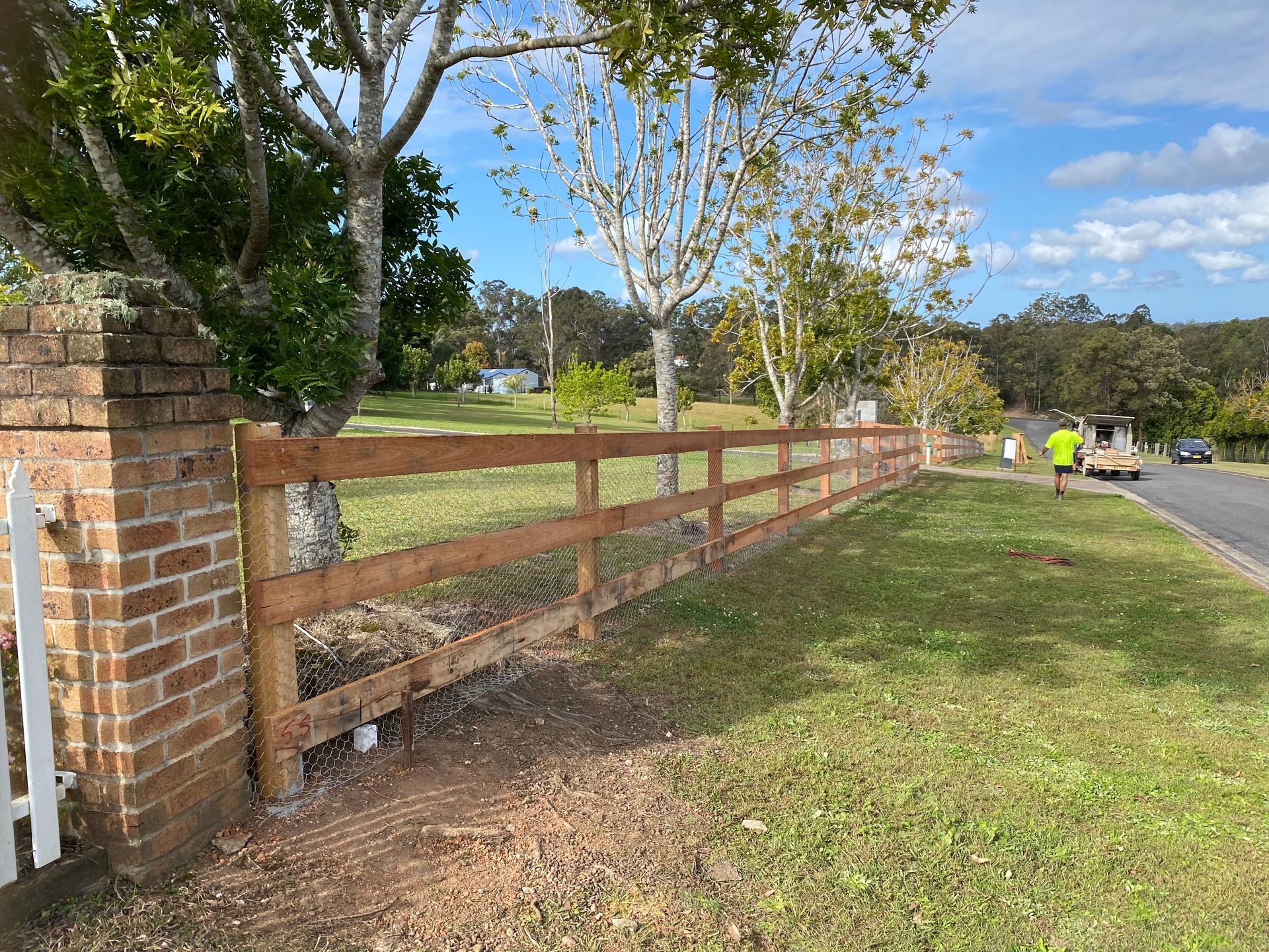 Wooden Fence Alongside a Road, Starting at a Brick Pillar — Fencer Steve In Kempsey, NSW