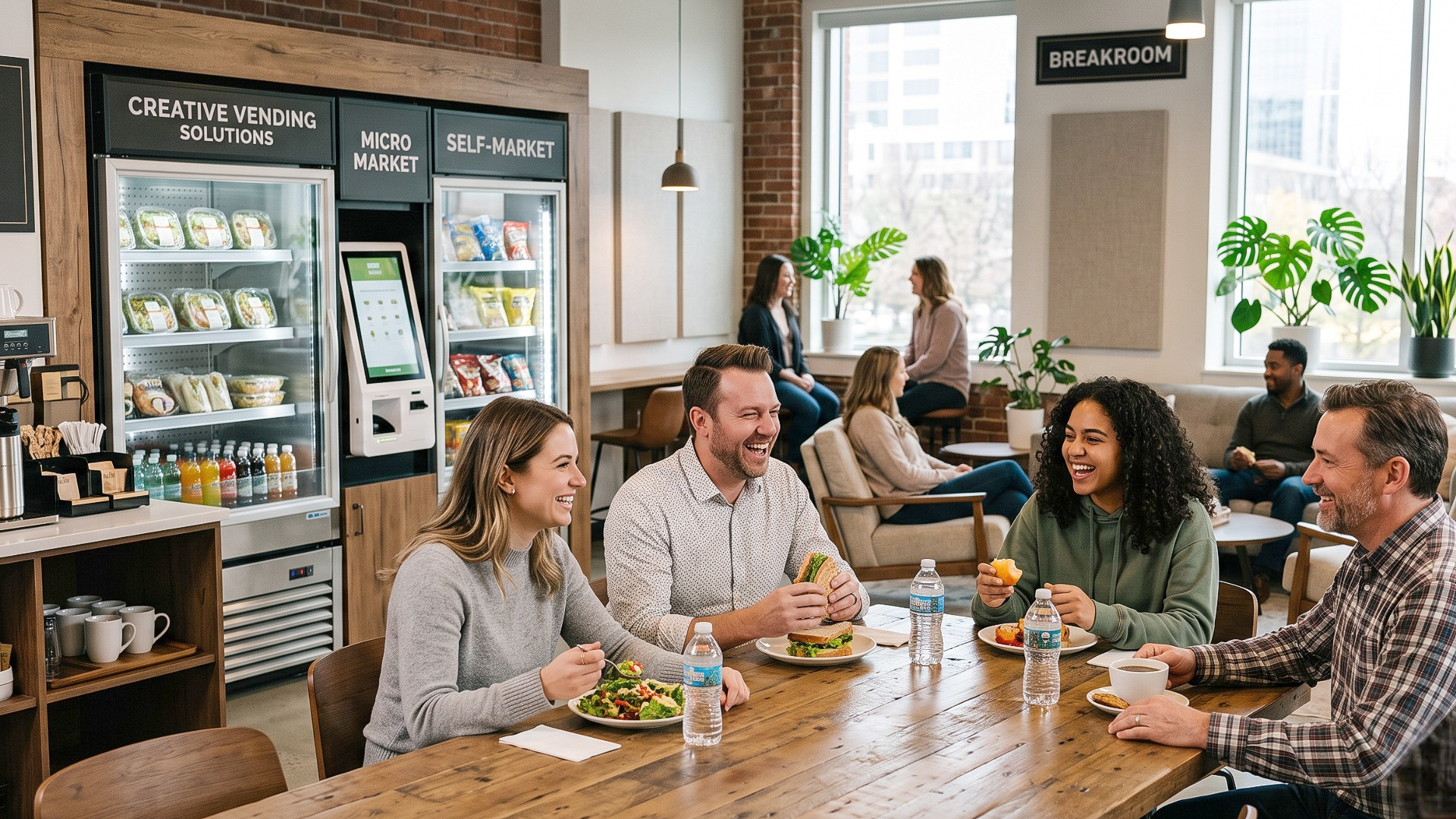 People chatting and eating around a wooden table in a bright café with drinks and plants.