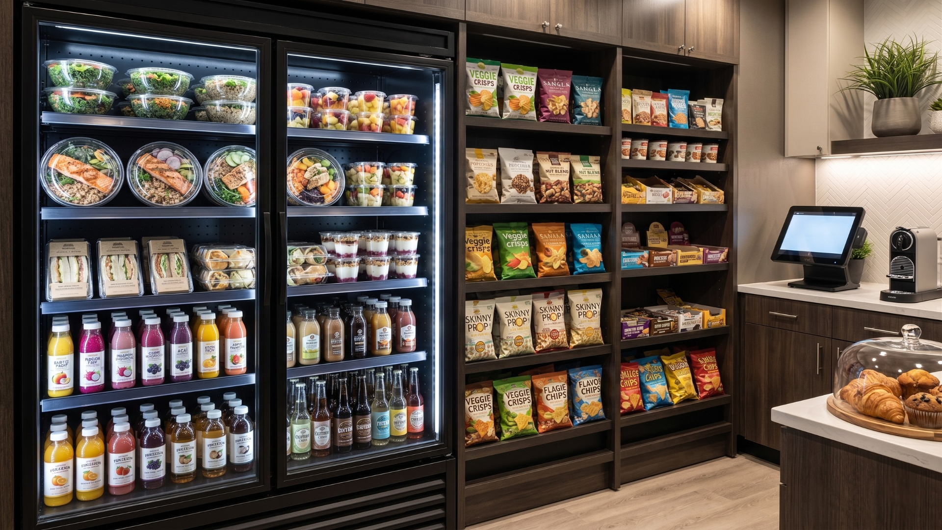 Convenience store snack aisle with refrigerated drinks, packaged snacks, and a checkout counter