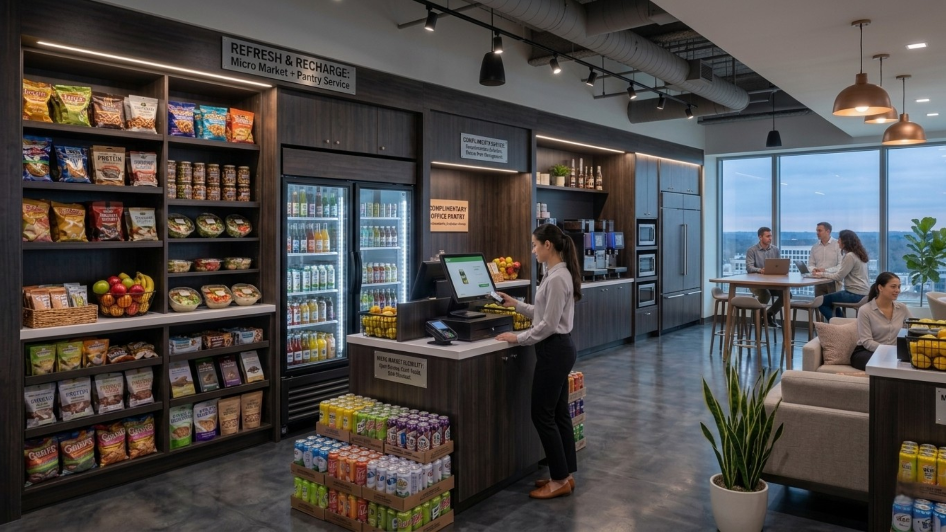 Modern grocery/café interior with a shopper at checkout, stocked shelves, and large windows overlooking the city