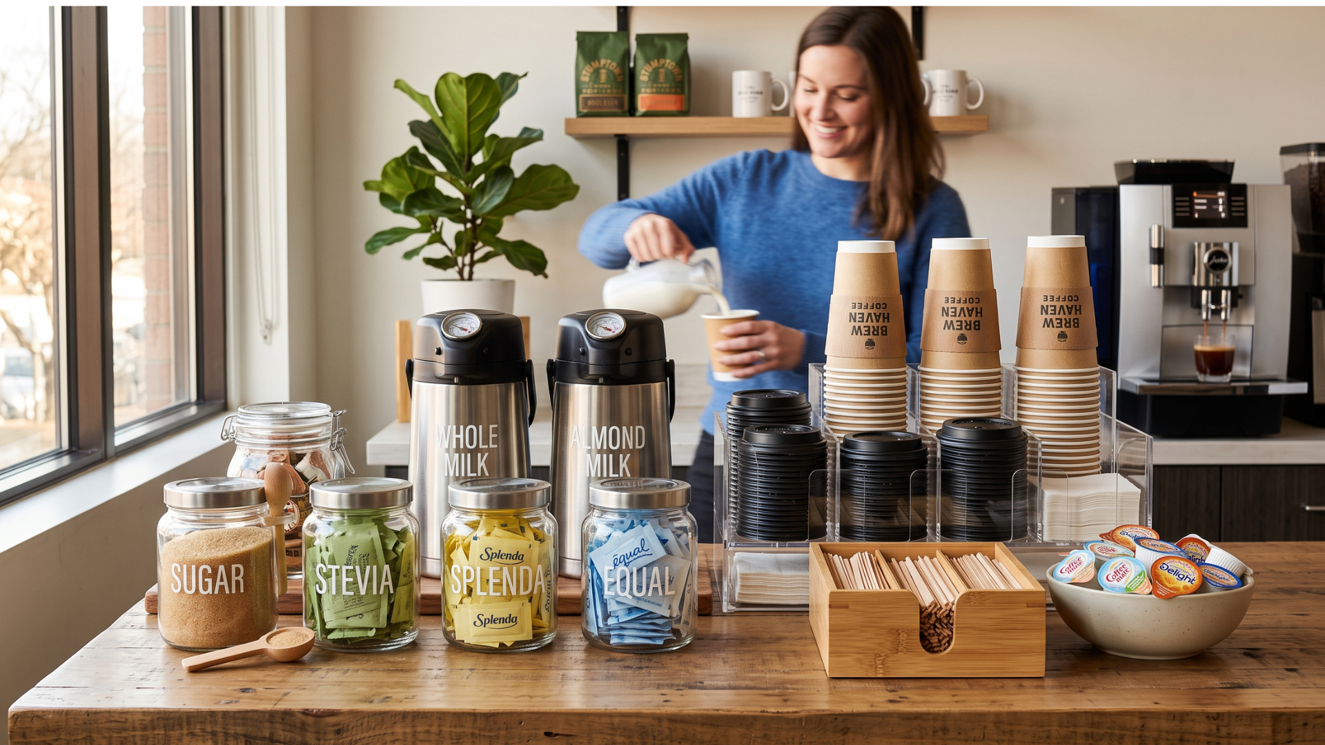 Woman pouring a blue drink at a coffee shop counter with jars, cups, and an espresso machine.