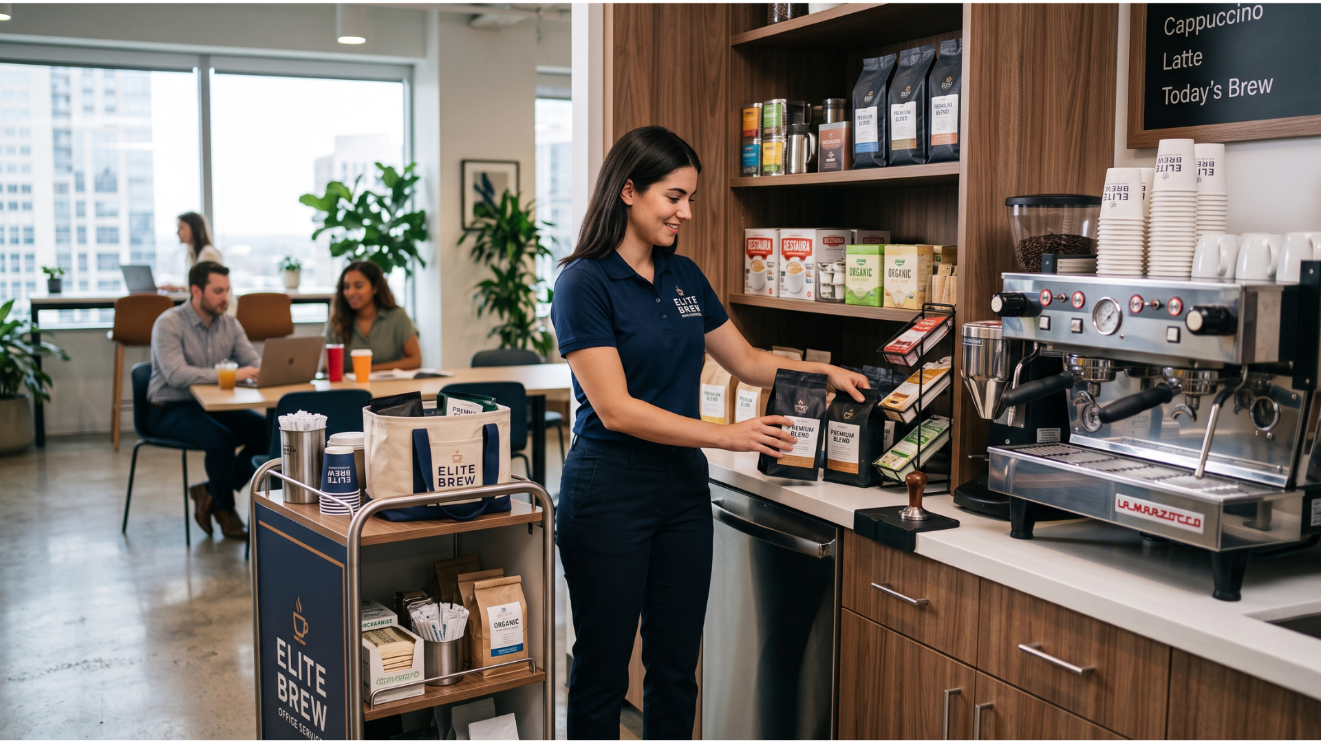 Barista serving coffee at a café counter with espresso machines and seated customers in the background