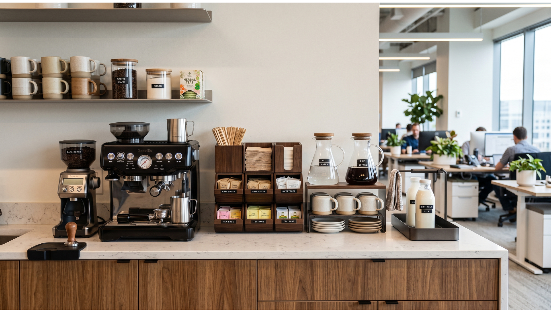 Coffee shop counter with espresso machine, cups, jars, pastries, and a bright seating area by large windows
