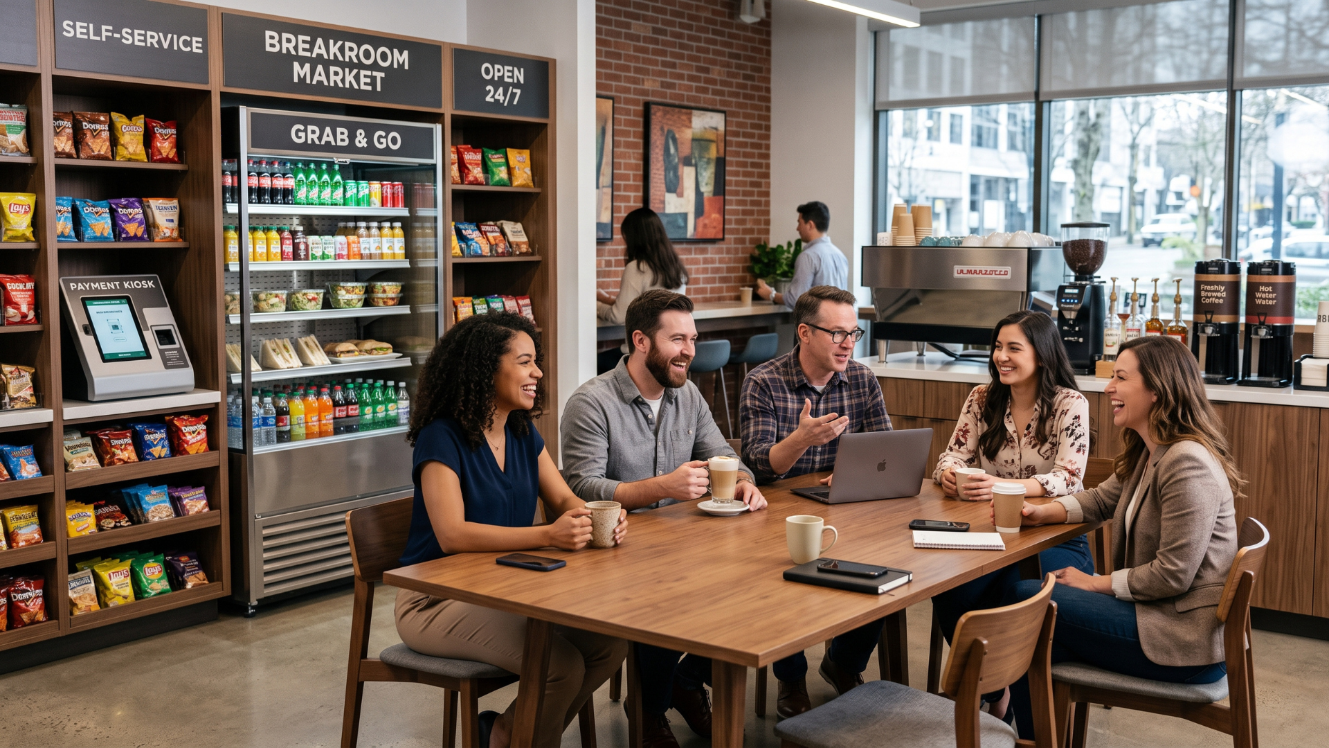 Five people talking at a wooden table in a bright café with shelves of snacks and drinks behind them