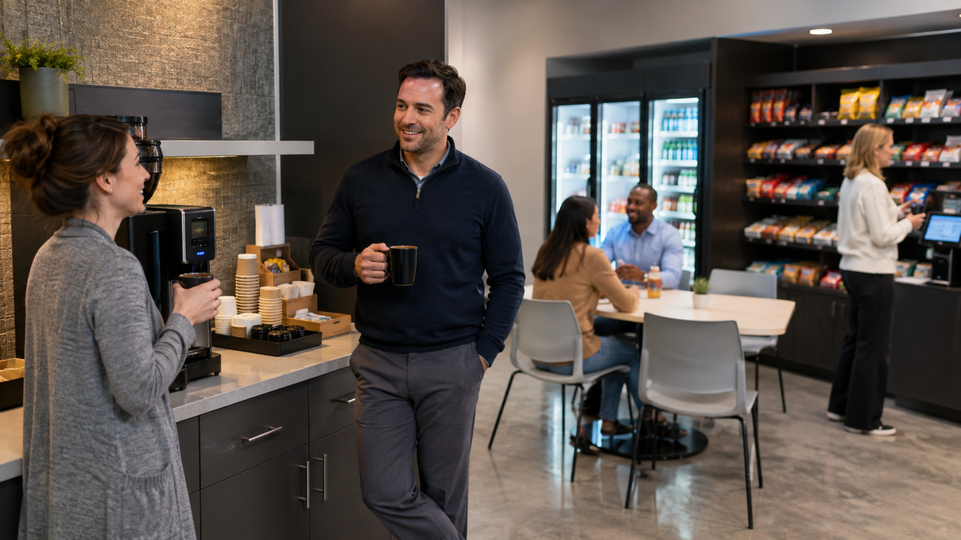 People chatting in a modern café, with coffee machines, tables, and a snack display in the background.
