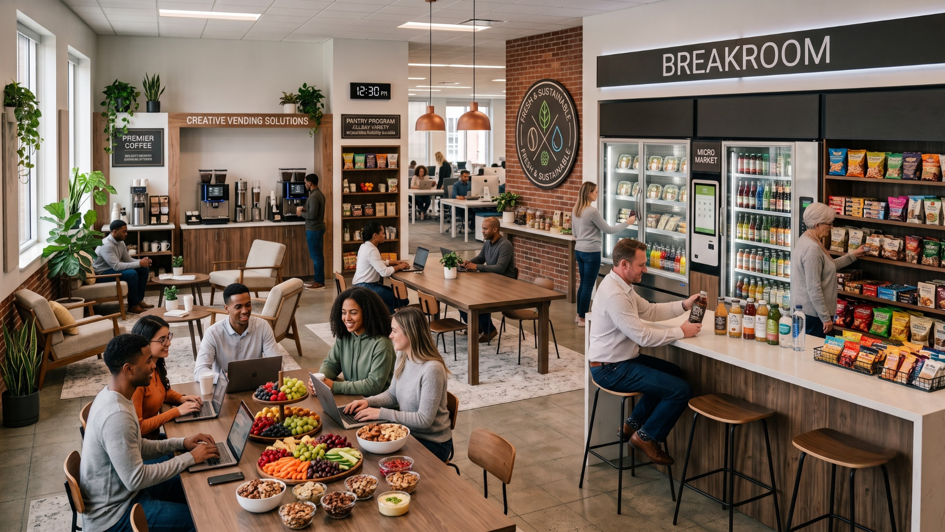 People gathered in a bright breakroom with tables of snacks, drinks, and a snack fridge.