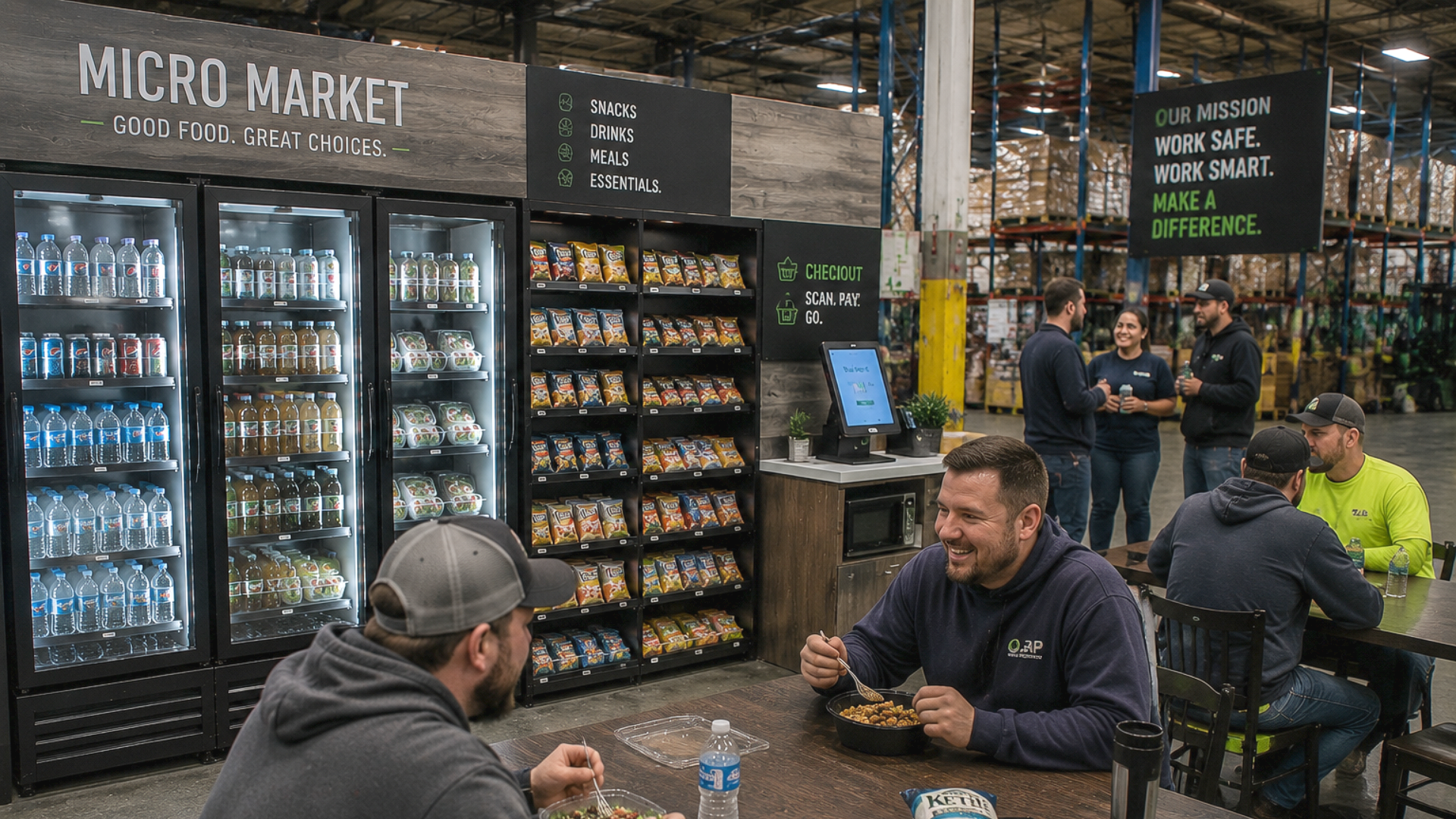 warehouse workplace with employees enjoying the micro-market