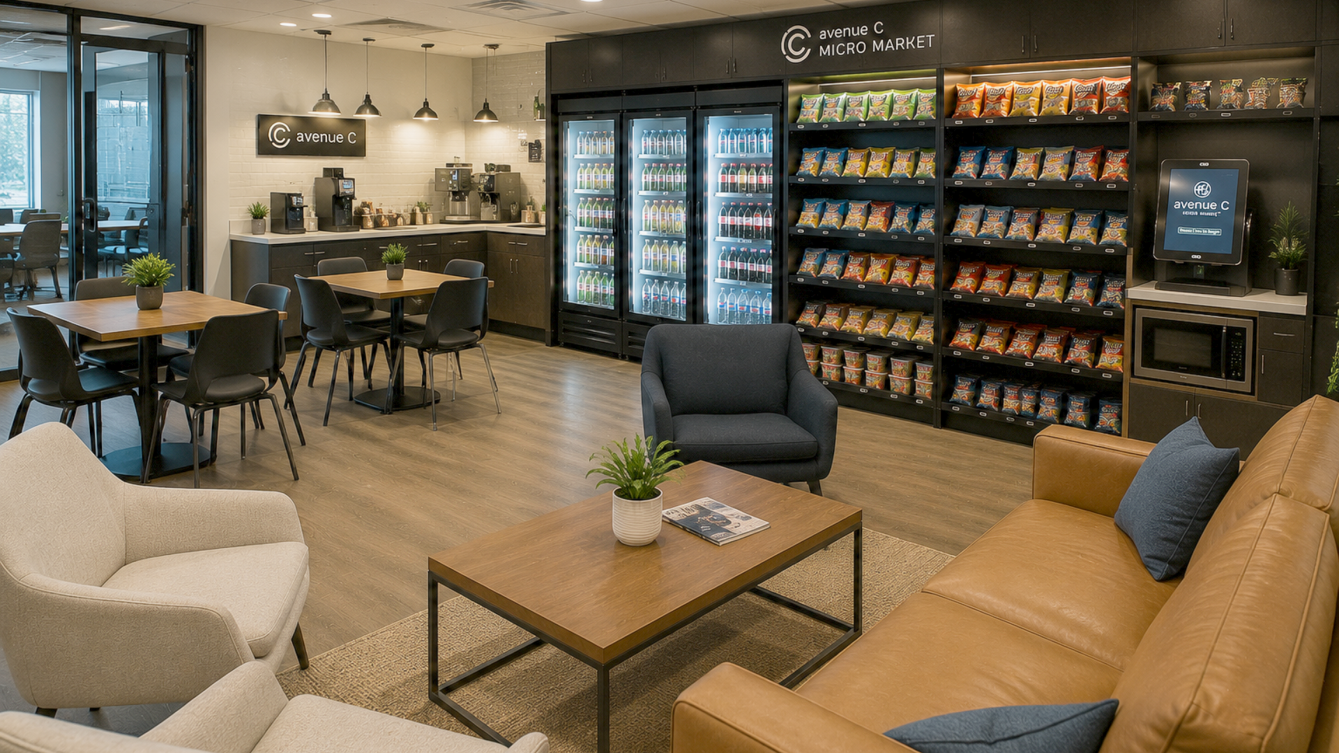 Modern café lounge with tables, chairs, couches, shelves, and a refrigerated drink display