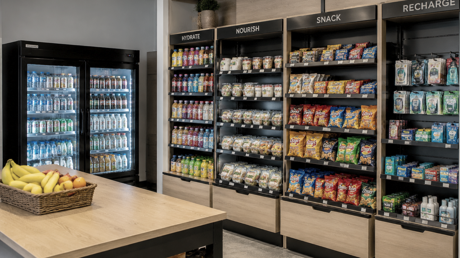 Modern convenience store aisle with snacks, drinks, and a fruit basket on a central display table