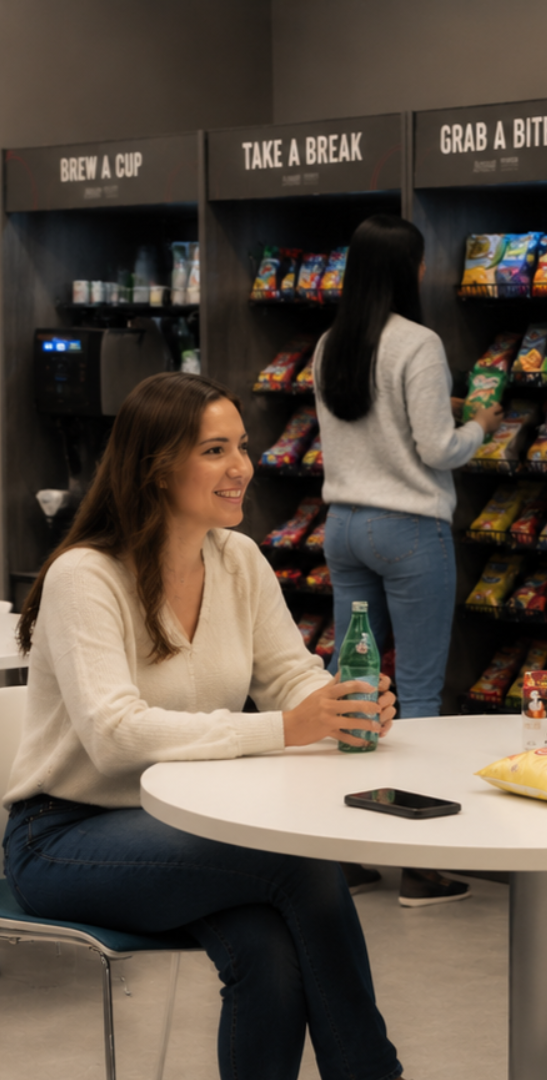 Woman seated at a café table in a store, smiling while another person browses shelves in the background.