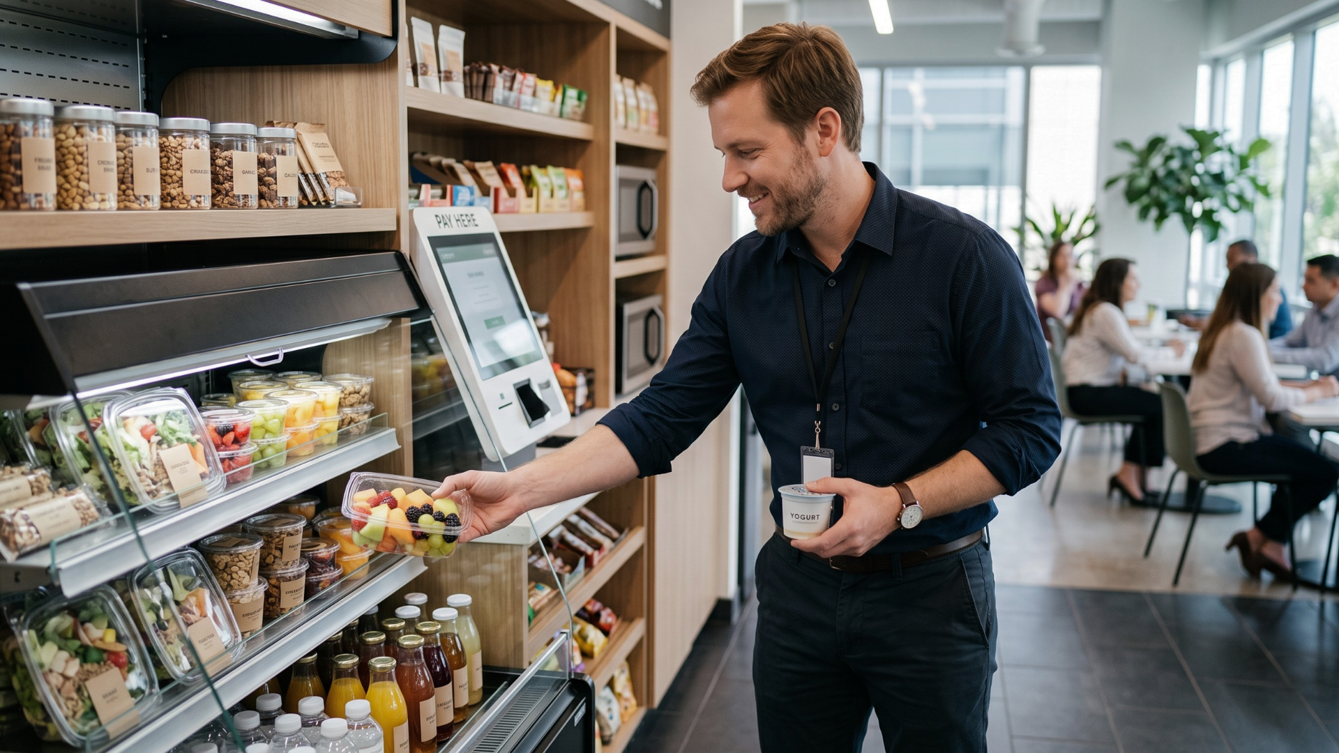 Man browsing a snack display in a modern café, holding a coffee cup