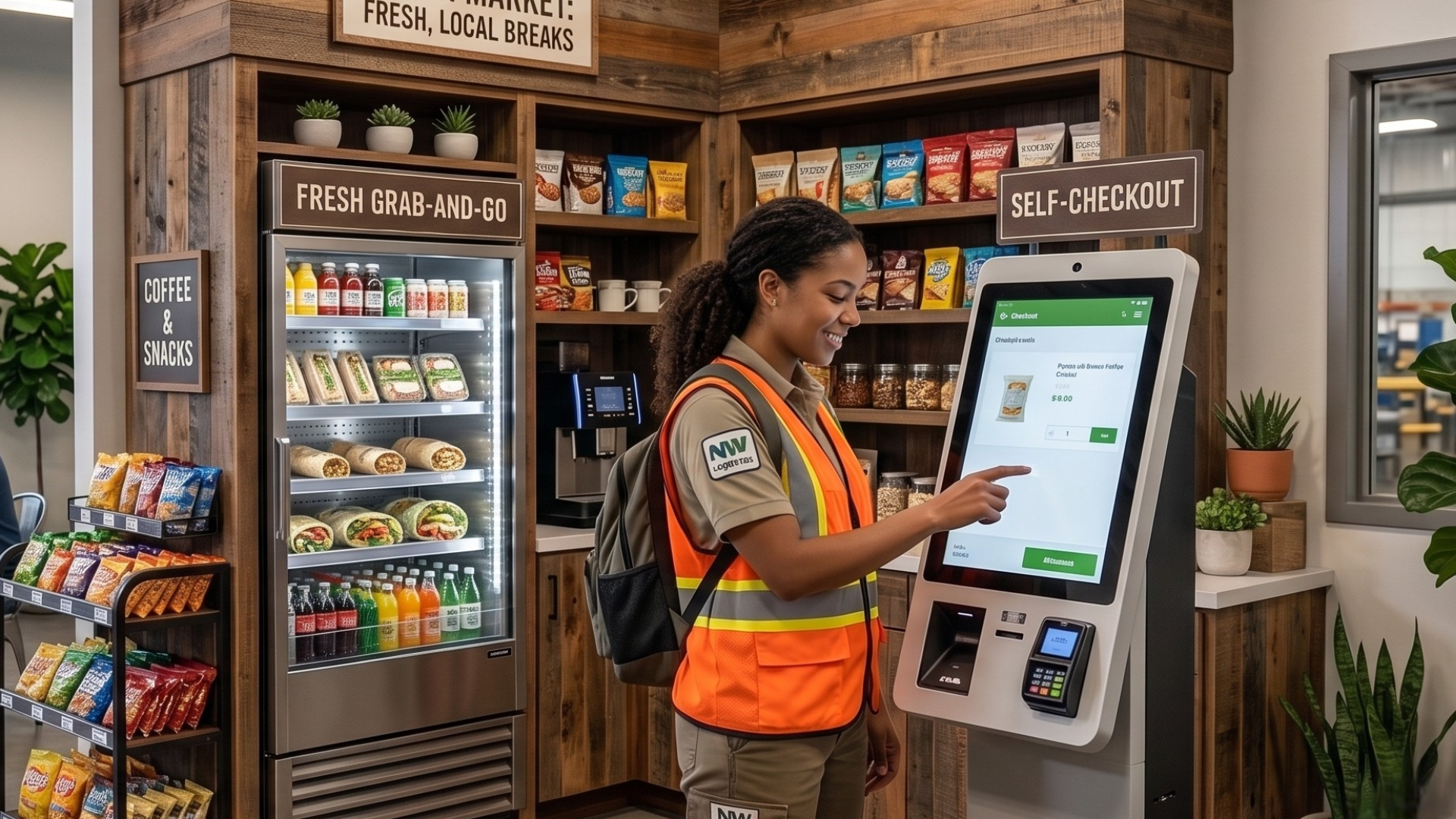 Person using a self-service kiosk in a shop with refrigerated display shelves in the background
