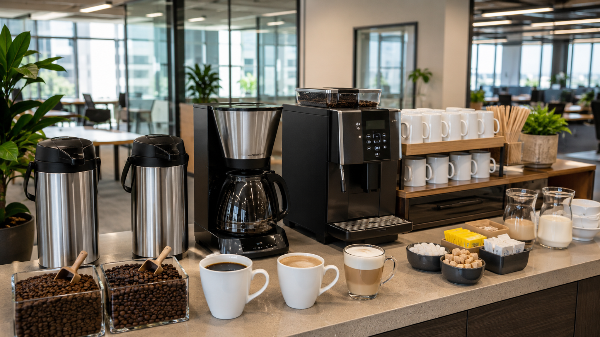 Coffee and tea station with mugs, thermoses, pastries, and cups in a modern office break room