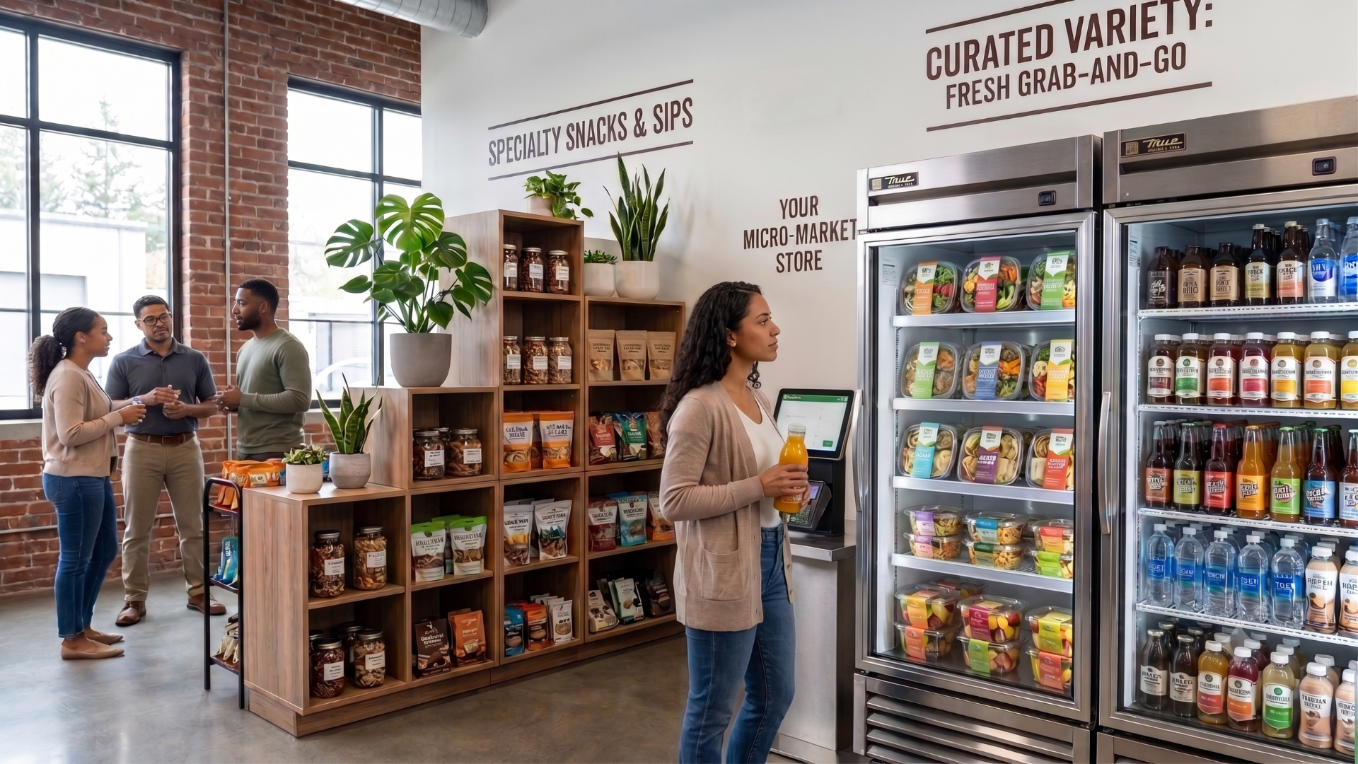 Shoppers inside a modern convenience store with refrigerated drinks and snack shelves