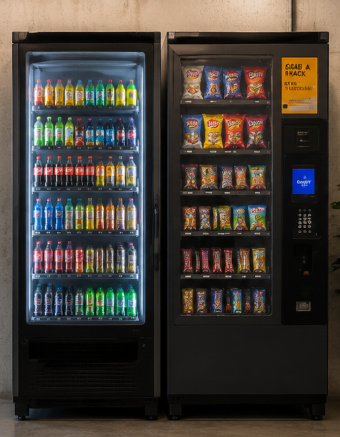 Two vending machines, one with drinks and one with snacks, against a concrete wall in a dim room