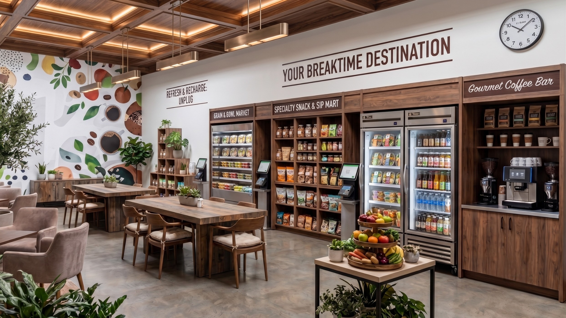 Modern cafe and convenience store interior with display shelves, wooden tables, and seating area
