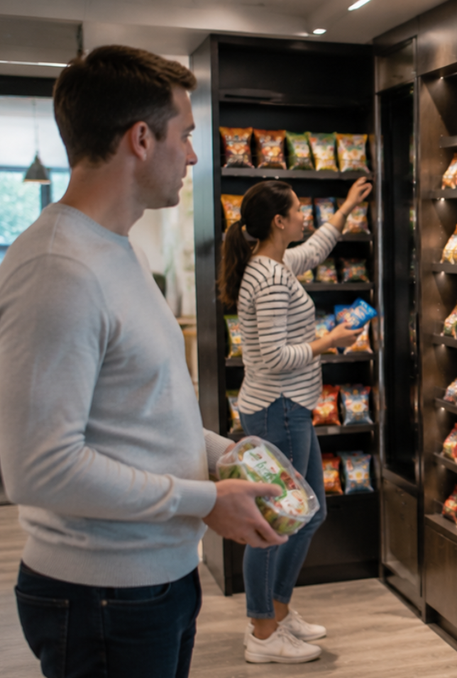 Two people browse snacks in a modern kitchen pantry with built-in shelving.