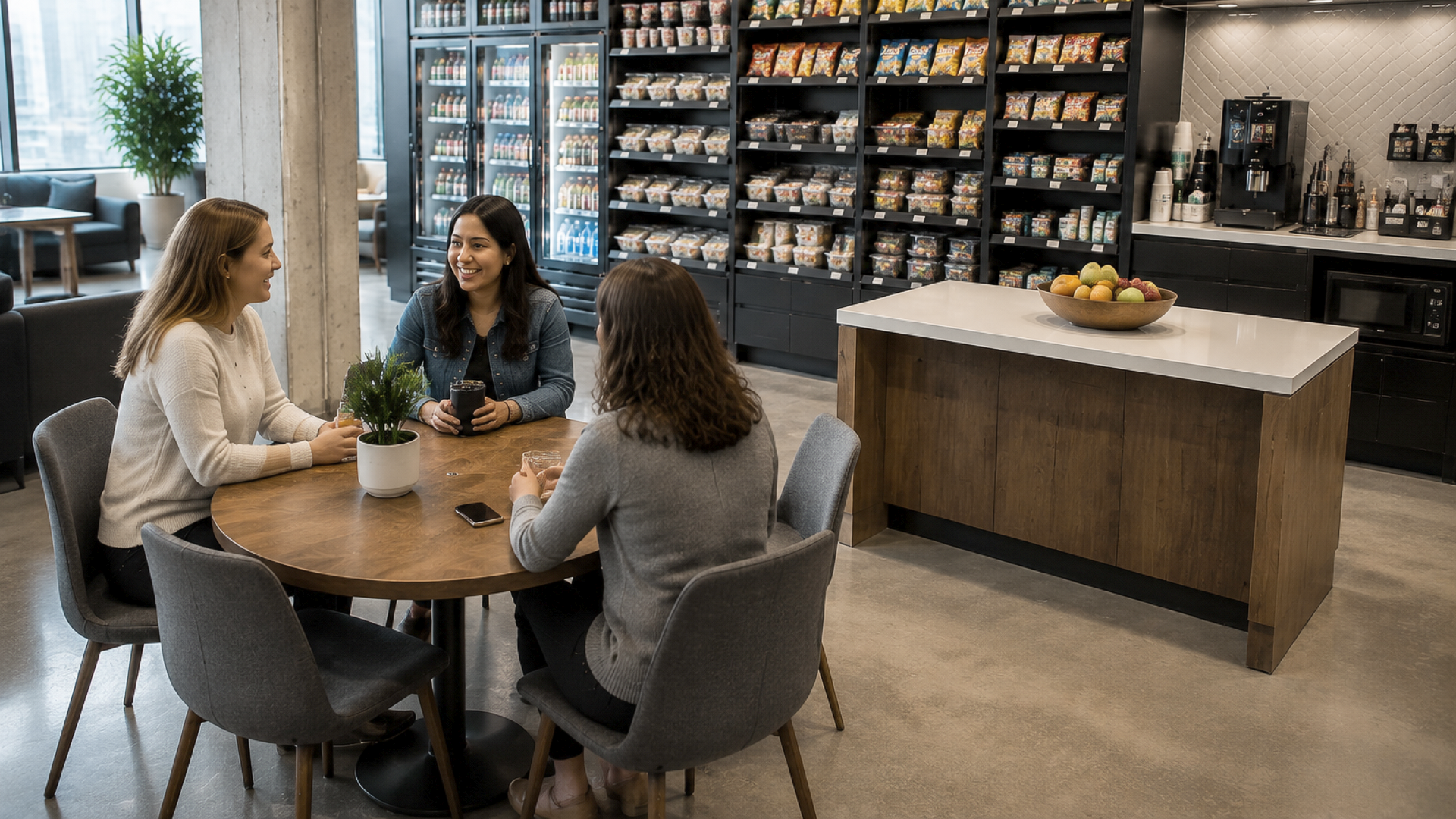 Micro-market in a workplace that resembles a comfortable gathering place for employees