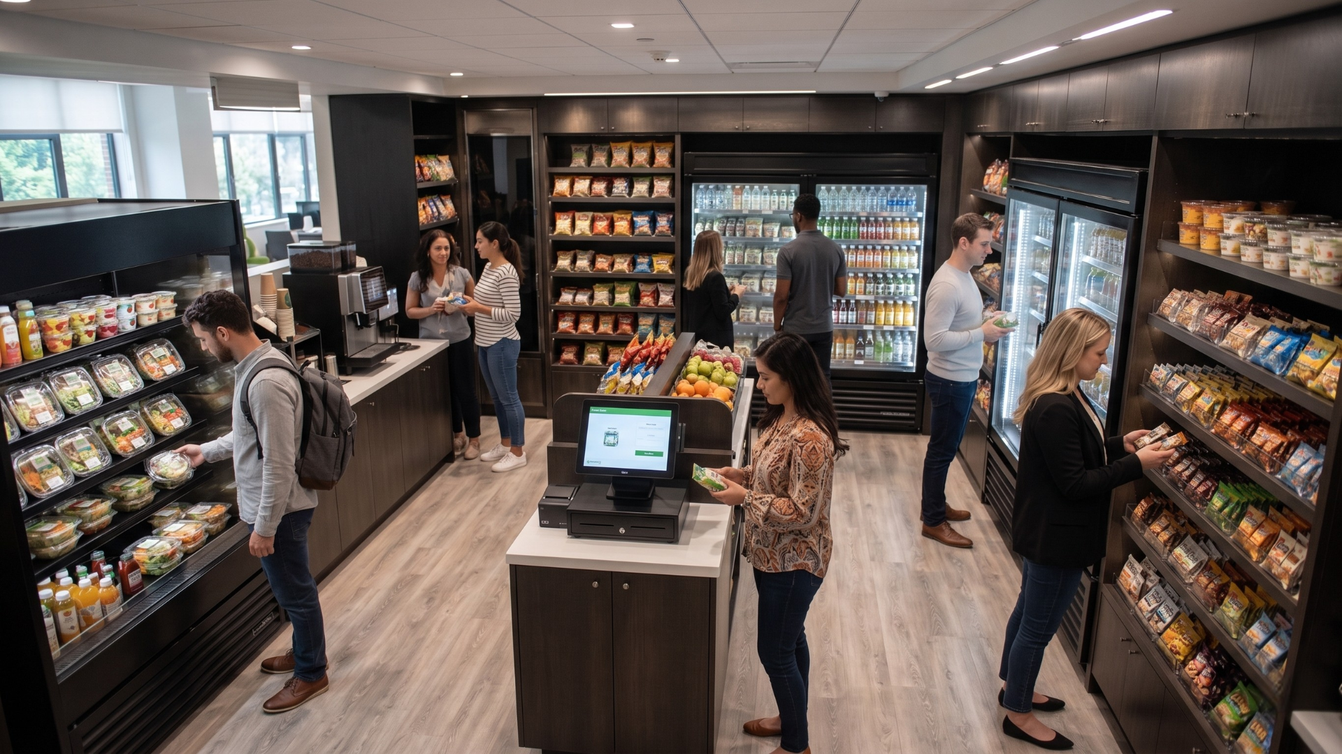 Shoppers browsing snacks and drinks in a small convenience store aisle.