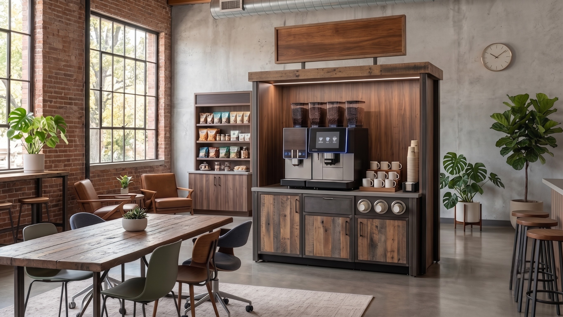 Cozy café interior with wooden tables, chairs, a coffee bar, and large windows letting in daylight.