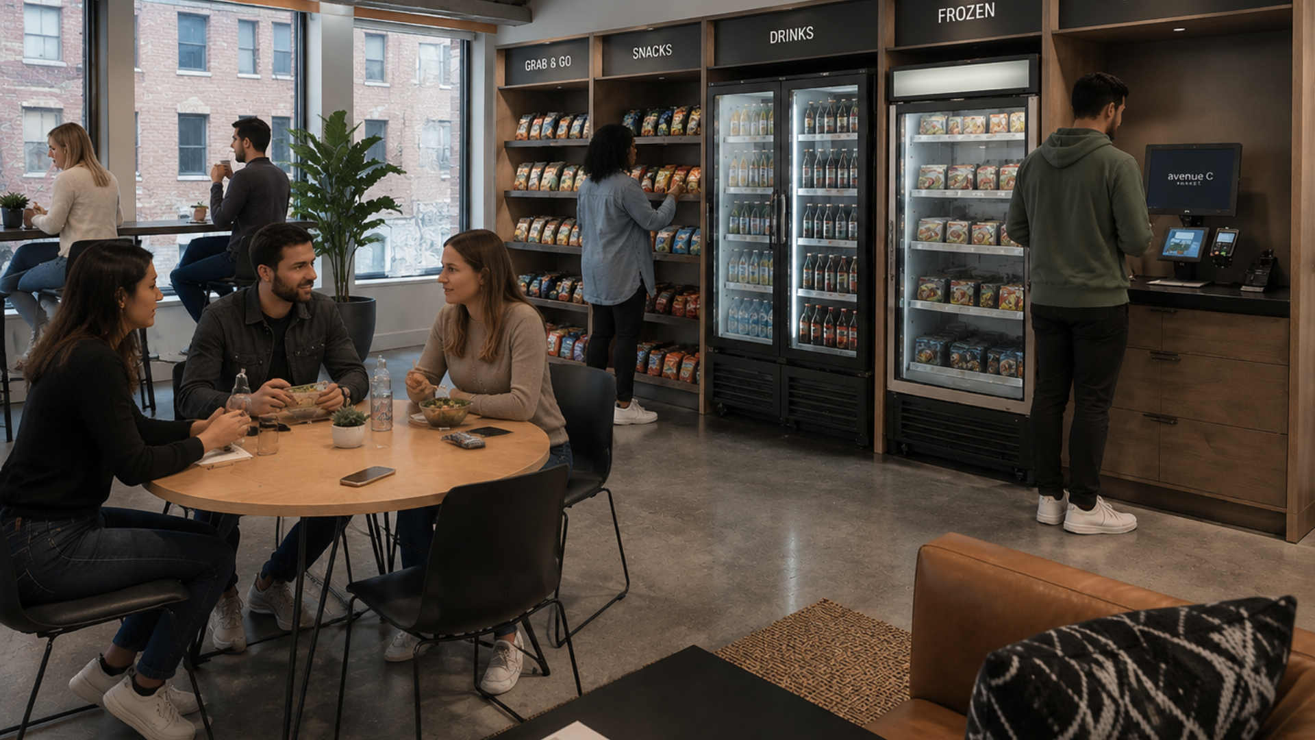 People chatting at a café table, with vending machines and a person at a counter in the background.