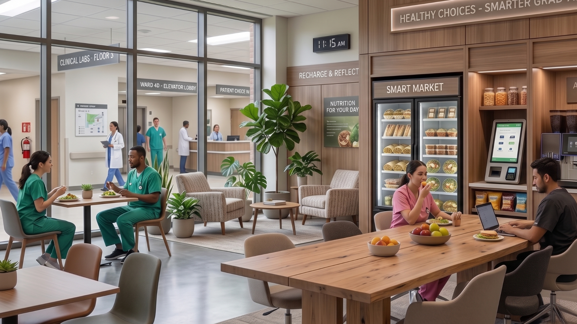 Modern café seating area with people dining, wooden tables, and a coffee counter in the background
