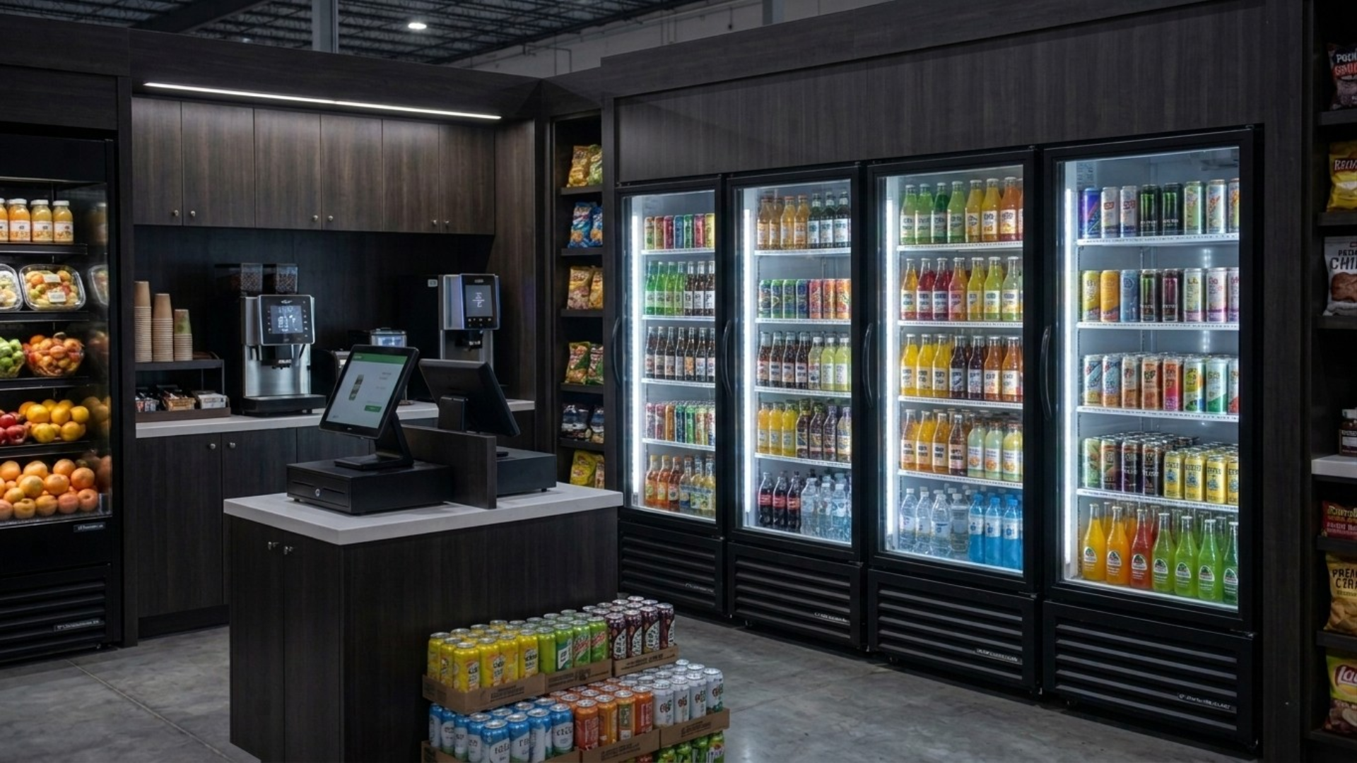 Convenience store with refrigerated drink coolers, snack shelves, and a checkout counter at the front.