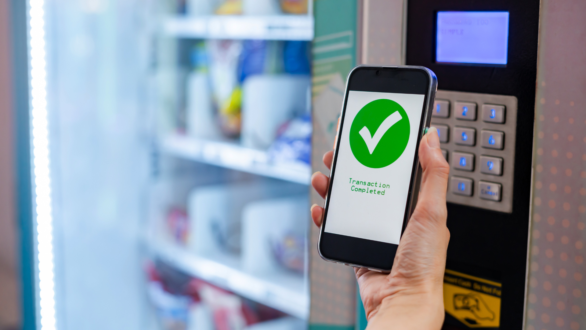 Hand holding smartphone with green checkmark near a vending machine keypad and display
