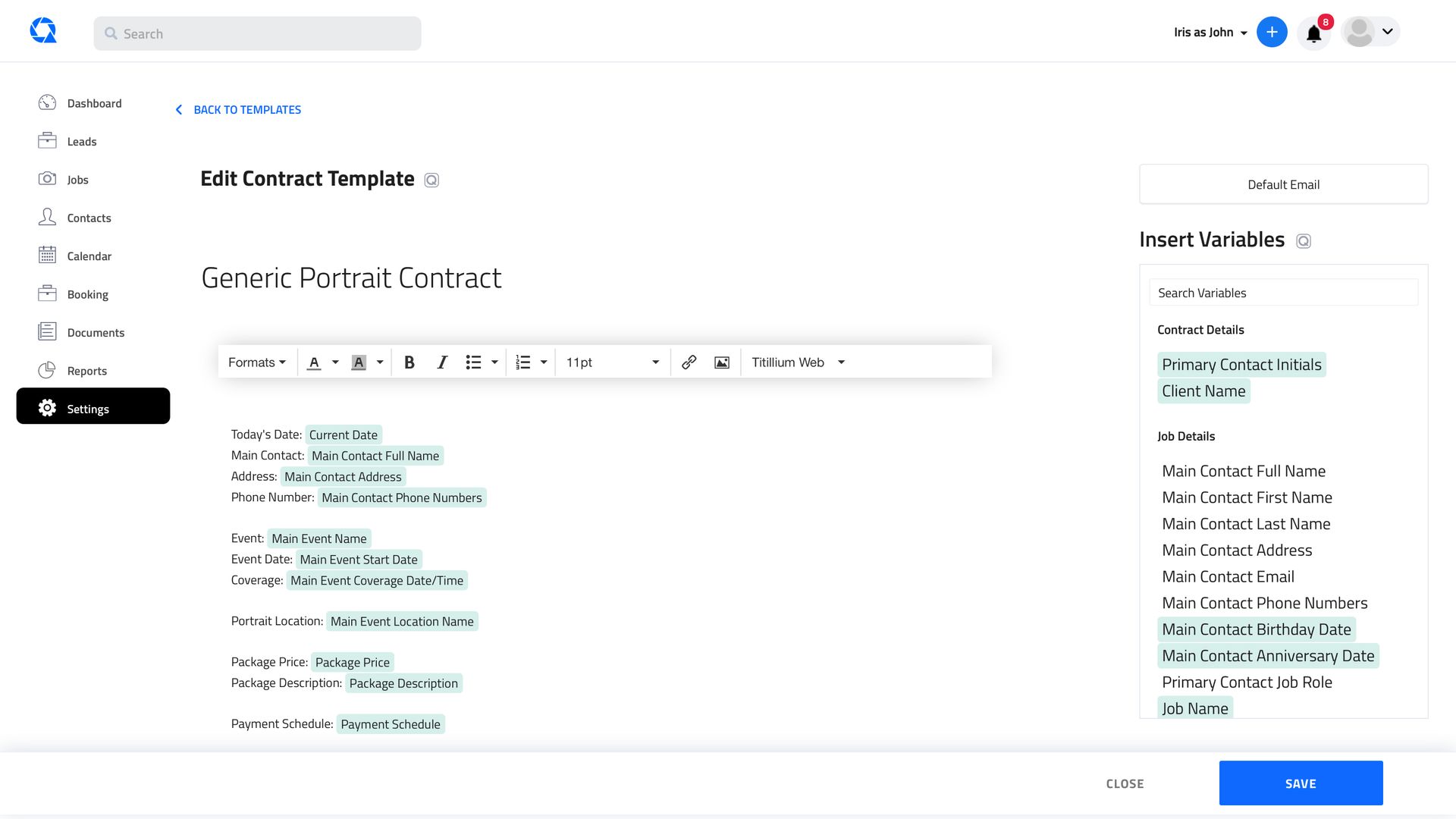 A screenshot of an edit contract template on a computer screen.