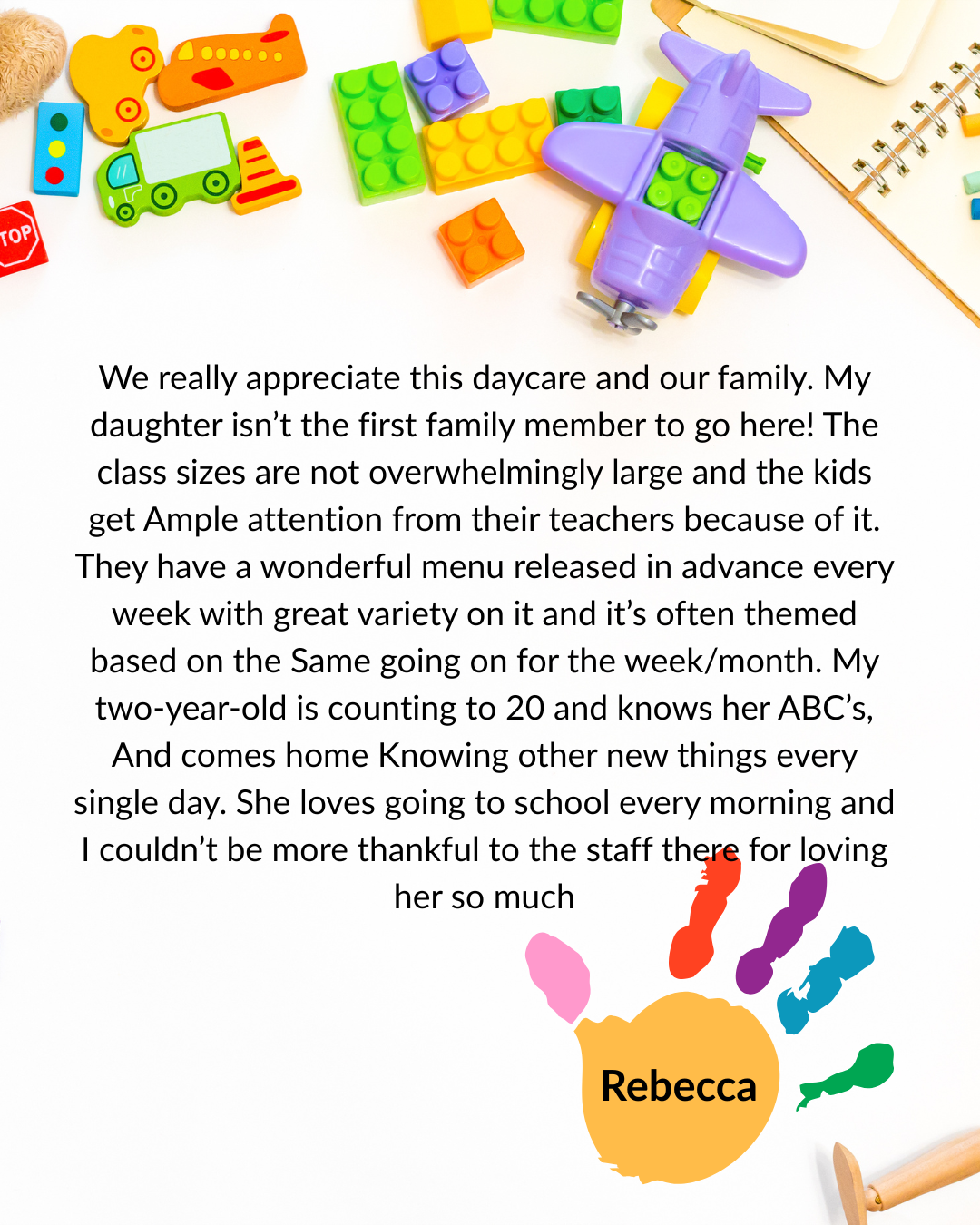 Thank-you note over colorful toy blocks with a small orange child figure and the name Rebecca at the bottom.