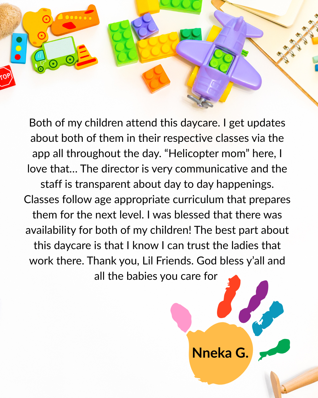Children’s daycare toys and a handwritten thank-you note with colorful handprints, signed “Nneka G.”