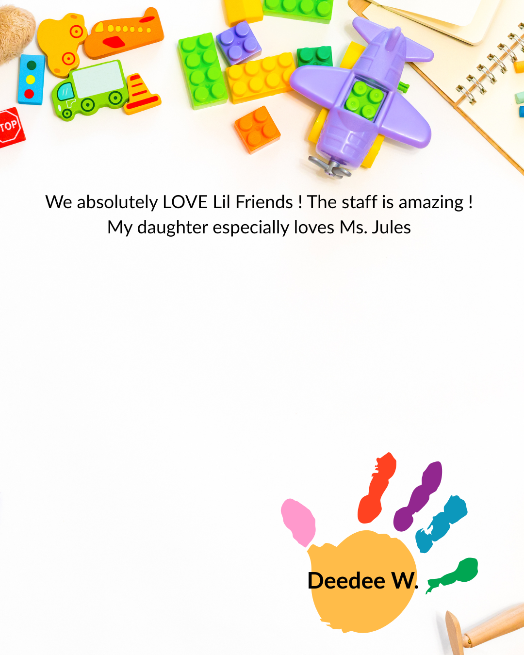 Colorful fidget toys on a white background with a testimonial quote and “Deedee W” logo in handprint design