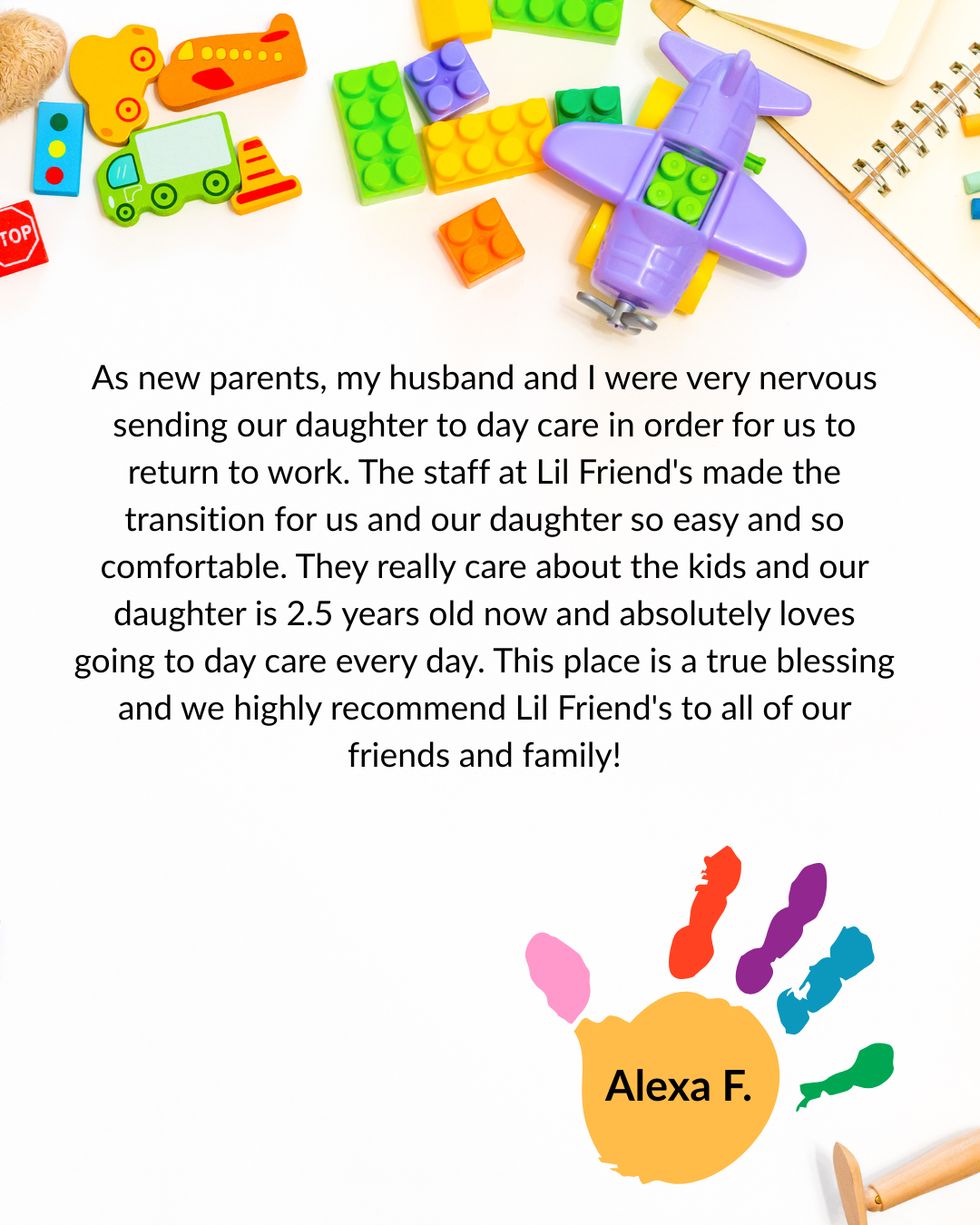 Children’s toy train and block puzzle with a testimonial note and colorful handprint signatures