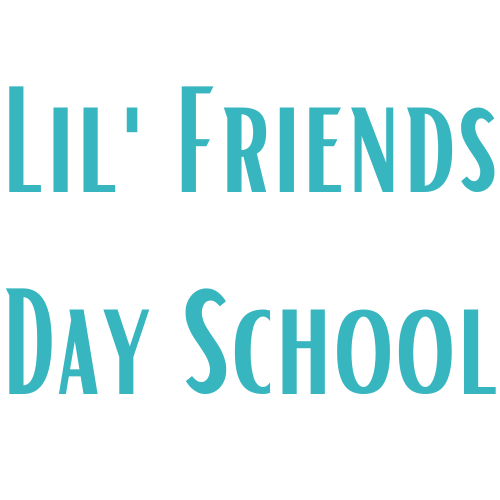Turquoise text reading “Lil’ Friends Day School” on a white background