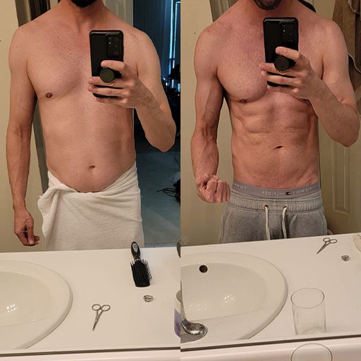 Dramatic weight loss and muscle gain achieved by a client through Yonatan Tyk expert coaching.
