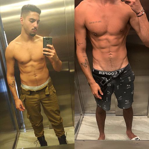 Before and after fitness results of a client following Yonatan Tyk personalized workout and nutrition plan.
