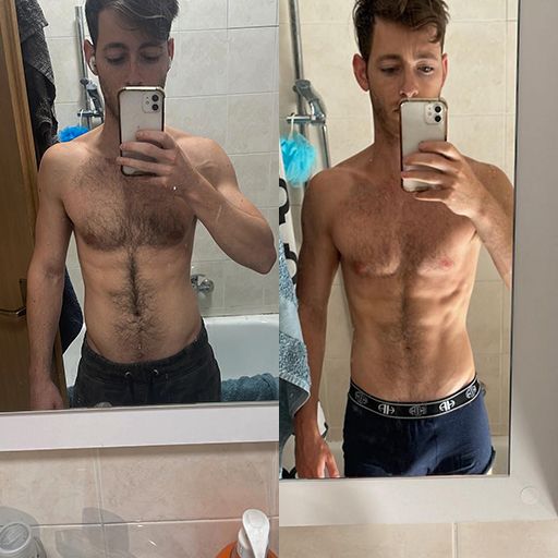 Before and after fitness results of a client following Yonatan Tyk personalized workout and nutrition plan.
